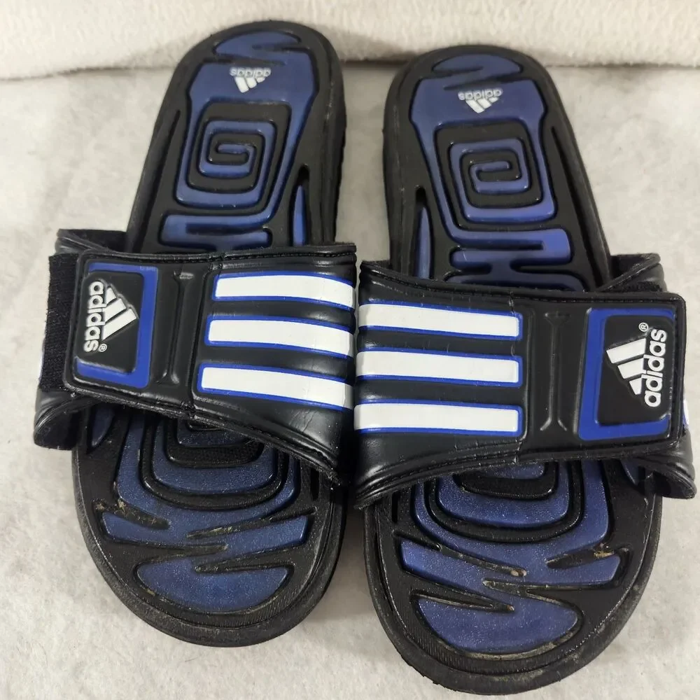 Adidas Big Kid Retro VTG Slide Black & Blue Stripes Synthetic Size 12 Y2K 2001